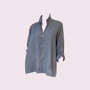 Eileen Fisher Blue Linen Tunic Top with Button Down Collar and Long Sleeves